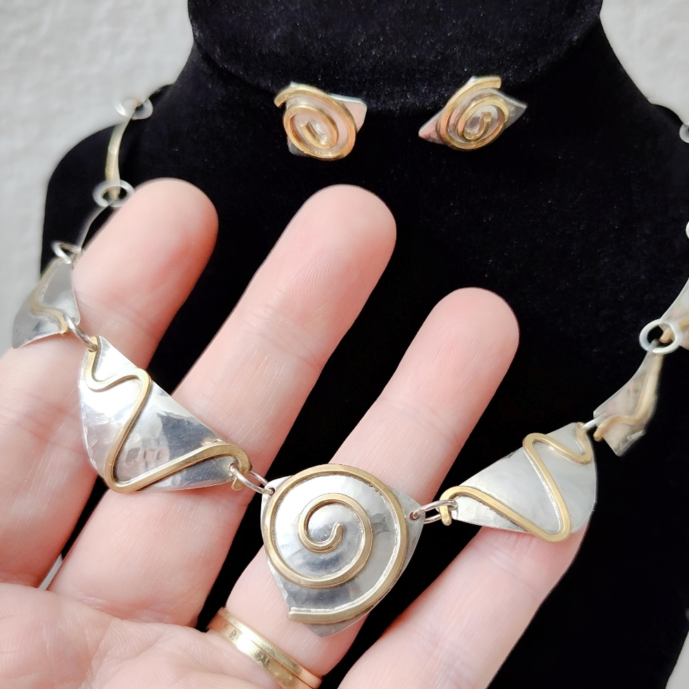 Vintage Sterling Silver Bronze Swirl Hand wrought Modernist Necklace Earring Set - Picture 4 of 15